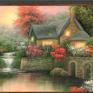 Vintage Cottage by Waterfall Print on Beveled Edge Wood 12" x 9" x .5"